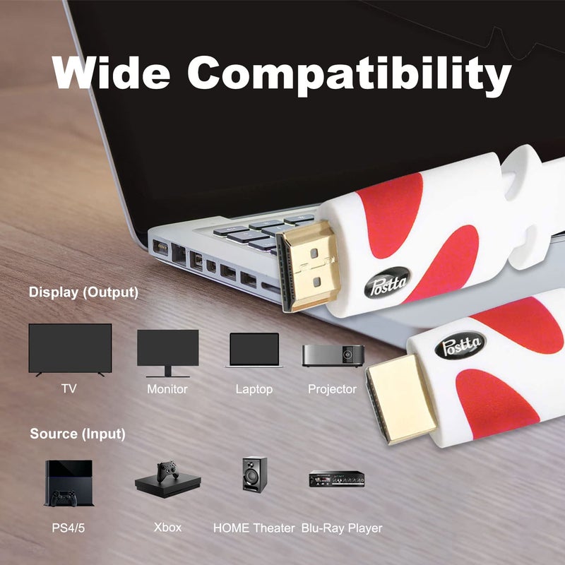 Postta Flat HDMI Cable 30 Feet Flat HDMI 2.0 Cord Support 4K, 3D, 2160p, 1080p, Ethernet and Audio Return-White-Red - Image 3